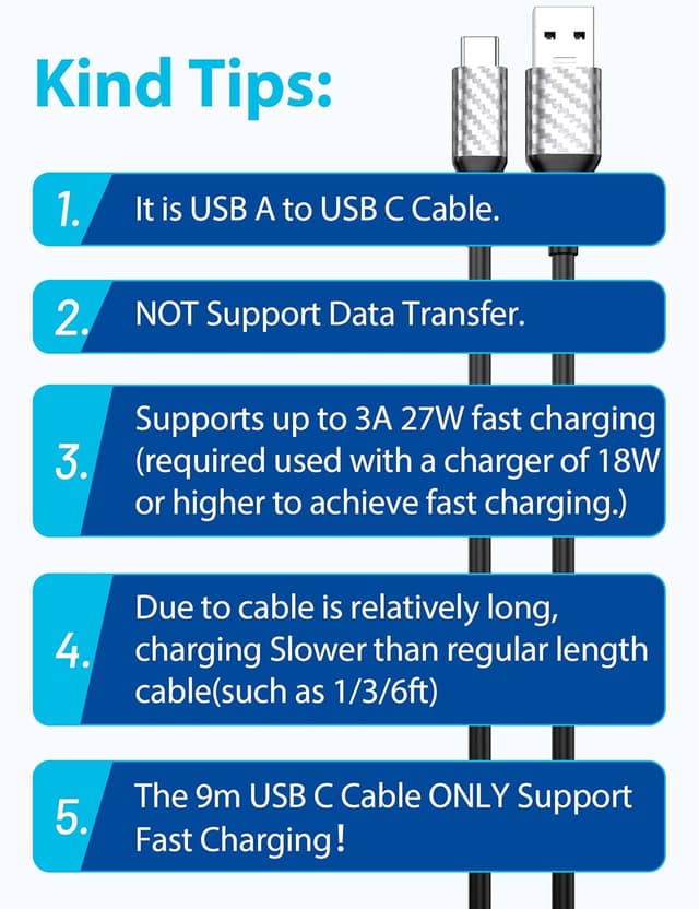 Detalle de USB C charger cable 9m 3A fast charge