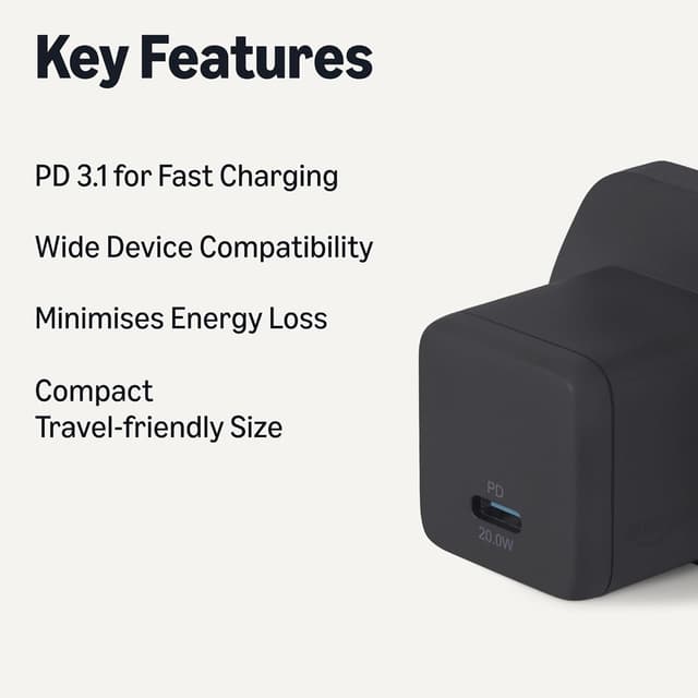 Detalle 2 de Amazon Basics 20W USB-C Nano GaN Wall Charger (PD 3.1, 1-port)