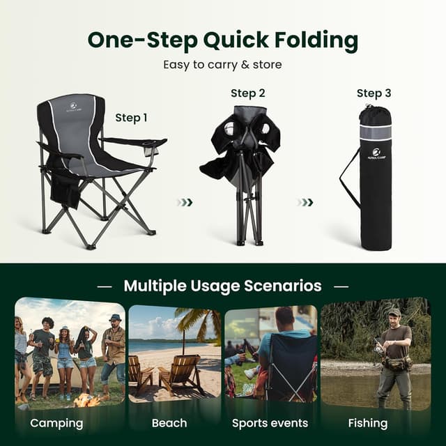 Thumbnail 6 de ALPHA CAMP Set of 2 Folding Camping Chairs for Adults (High Back, Cup Holder, Up to 160kg)