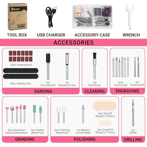 Detalle de DEKOPRO Kit de Herramientas Rotativas inalámbrico Mini lijadora 3 niveles de velocidad con 70 accesorios