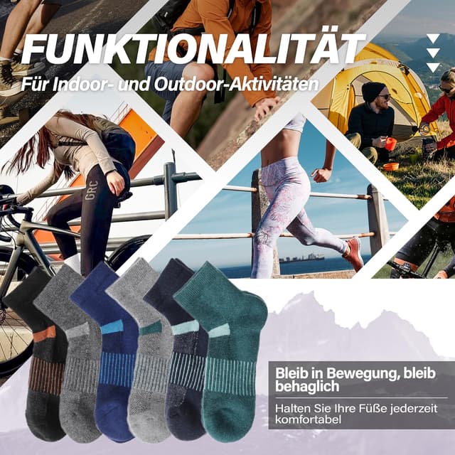 Detalle de MOSEY KOSY Merino Kurz Viertellänge Wandersocken – 6 Paar Thermo-Sneaker-Socken für Herren & Damen