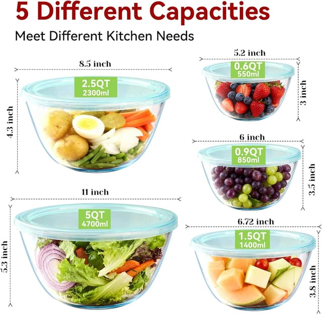 Detalle 2 de YUANYE 5 Pack Glass Mixing Bowls with Lids Set (5/2.5/1.5/0.9/0.6QT) with Nesting Design