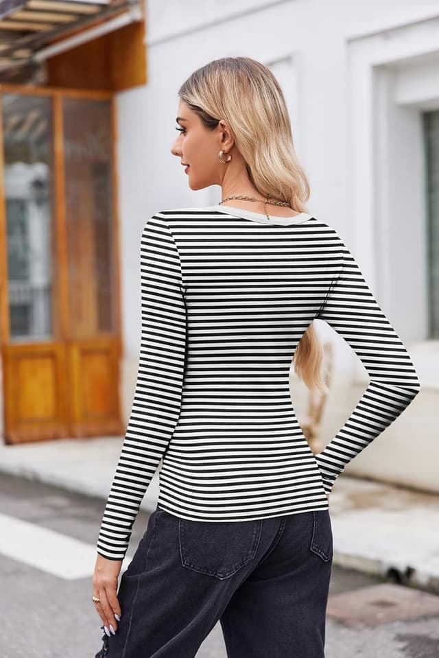 Detalle de DUOEASE Langarmshirt Damen Basic Slim Fit mit U-Ausschnitt – 92% Rayon/8% Elasthan, schlicht & elastisch