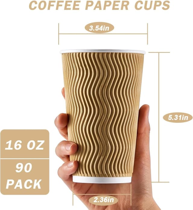 Detalle de ClawsOff 90-Pack 16 oz Disposable Coffee Cups (No Lids) — Insulated Ripple Wall Paper Cups