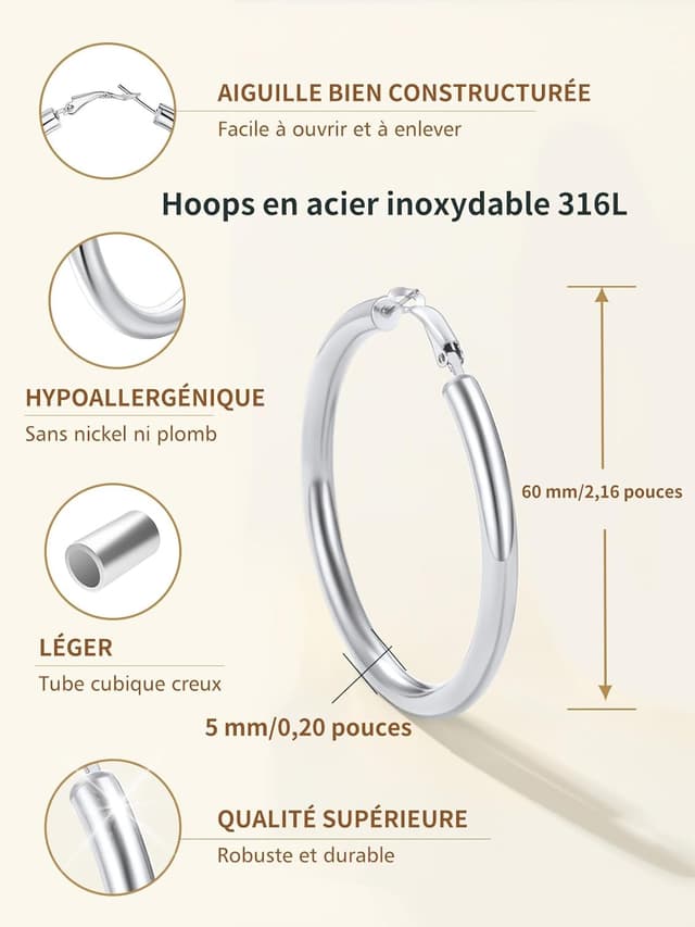 Detalle de FindChic Créoles en acier inoxydable pour femme – boucles huggie argenté/doré/noir (20/30/40/60/80 mm)
