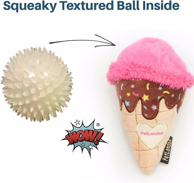 Detalle de Pet London Ice Cream Dog Plush Chew Toy with Squeaky Ball (6")