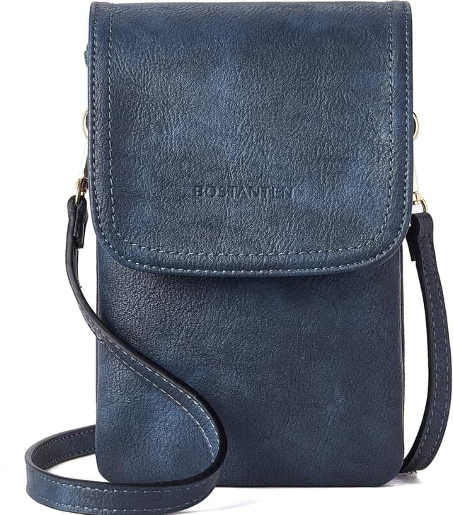 Detalle de BOSTANTEN kleine Handytasche zum Umhängen mit Geldbörse und Kartenfächern (PU veganes Leder) – Designer Blau