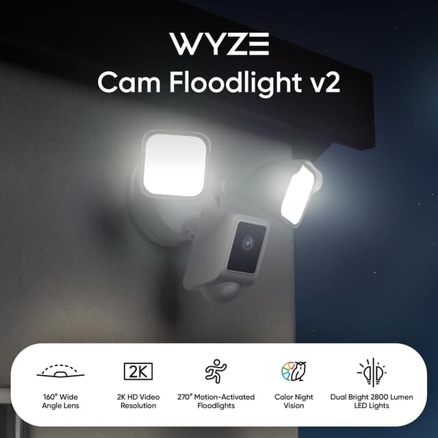Detalle de WYZE Floodlight Camera v2 Outdoor Security, 2K Color Night Vision & 2800-Lumen LEDs