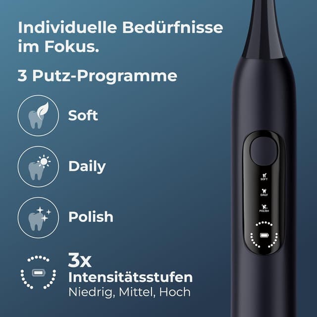 Detalle de POIVES P1 Pro Schallzahnbürste Midnight Blue – Drucksensor, 3 Modi, bis zu 110 Tage Akkulaufzeit