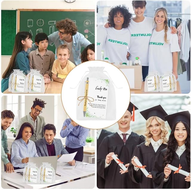 Thumbnail 6 de OFFCUP Lot de 24 stylos à bille « Merci » en bambou, avec cartes et pochettes en organza