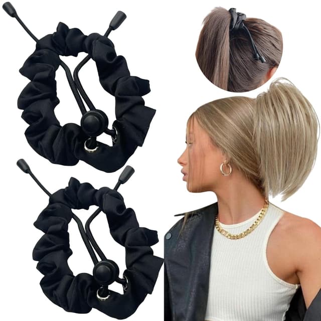 Detalle 2 de 2 Pcs Adjustable Satin Hair Ties (Satin Scrunchies) for Afro Puff, Locs, Ponytails—No-Damage Hold (Black)