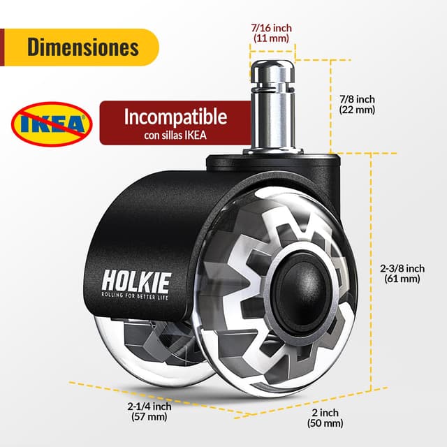 Detalle 2 de HOLKIE ruedas silla oficina 11x22 mm gris