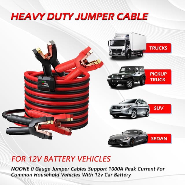 Detalle 2 de NOONE 0 Gauge 25FT Heavy Duty Jumper Cables (1000A) with Reverse Polarity Protection for SUVs & Trucks