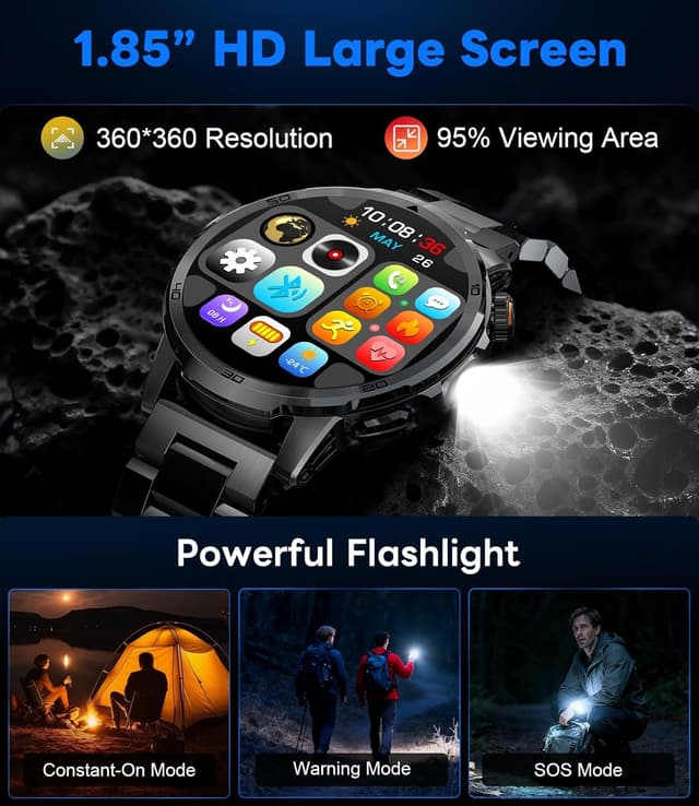 Detalle de Montre connectée homme 1,85" avec appels Bluetooth, fréquence cardiaque & étanchéité IP68, torche LED et batterie 1000 mAh