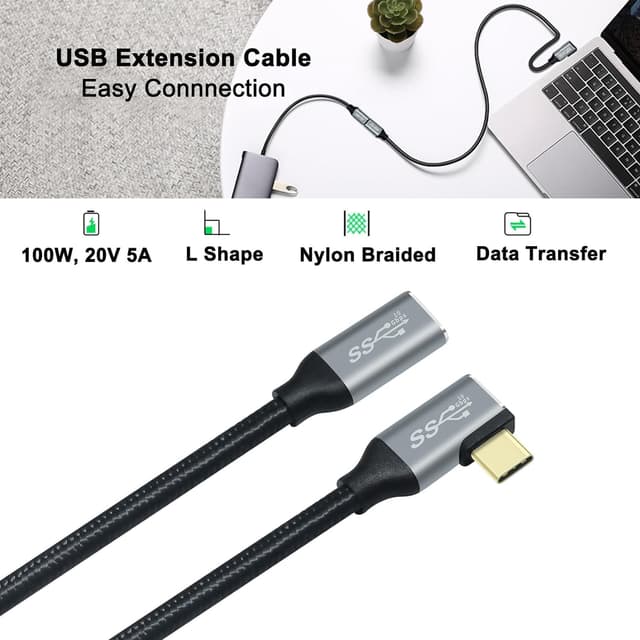 Detalle 2 de DCHAV 1 m USB-C-auf-USB-C Kabel (100 W, 10 Gbit/s, 4K@60 Hz) mit 90-Grad-Stecker