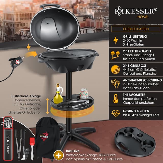 Detalle de KESSER® Elektrogrill 2in1 Tisch- & Standgrill mit Deckel (2.400 W), XXL Antihaft-Grillplatte