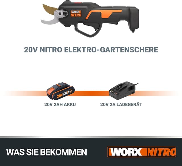 Detalle de WORX NITRO WG330E Akku-Astschere 20V (WG330E) – bürstenloser Motor, 2Ah Akku & Ladegerät