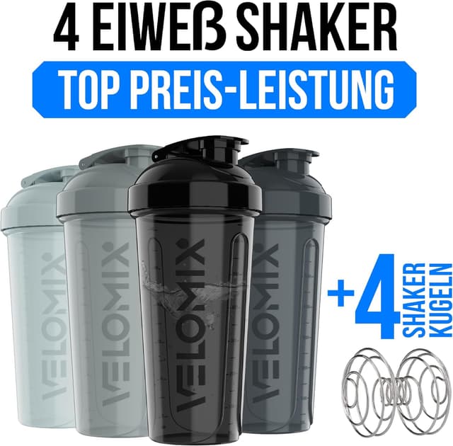 Detalle 2 de VELOMIX 4er-Set Eiweiß-Shaker 828 ml (BPA-frei, auslaufsicher, spülmaschinengeeignet)