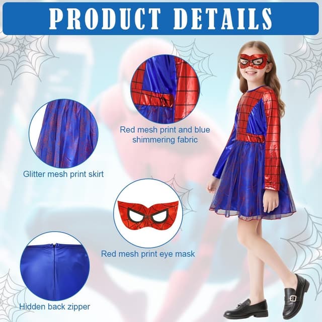 Detalle de AYBUY Costume da ragno per bambini con maschera (Spider-Woman), abito a maniche lunghe in 2 pezzi