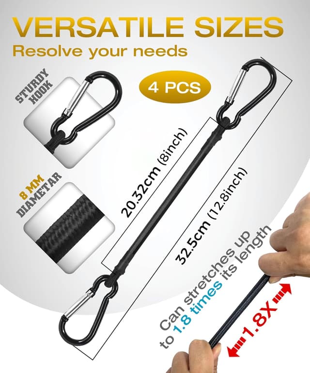 Detalle de Bungee Cords with Hooks (30cm Elastic Tie Down Straps) with Carabiners – 4-pack, up to 35kg, black
