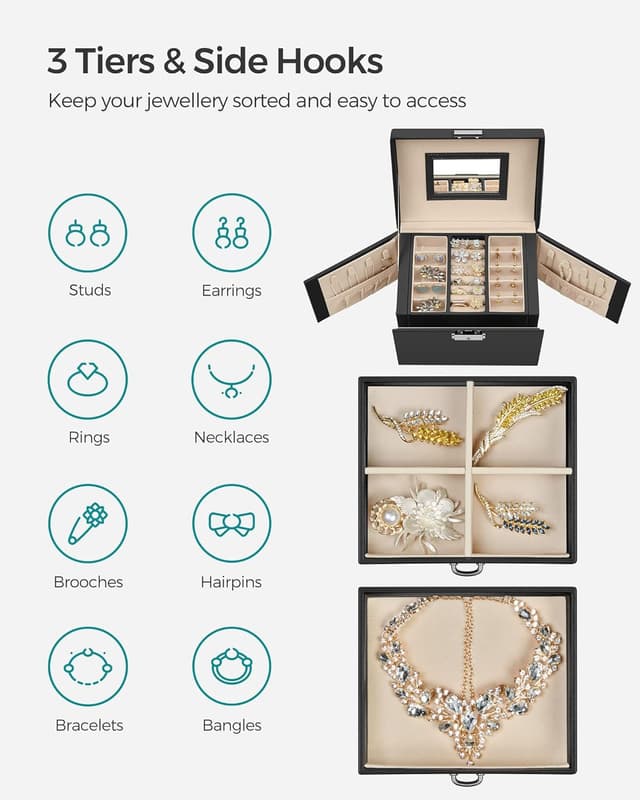 Detalle de SONGMICS 3-Tier Lockable Jewellery Box JBC154B01 with Mirror, 2 Drawers & Handle