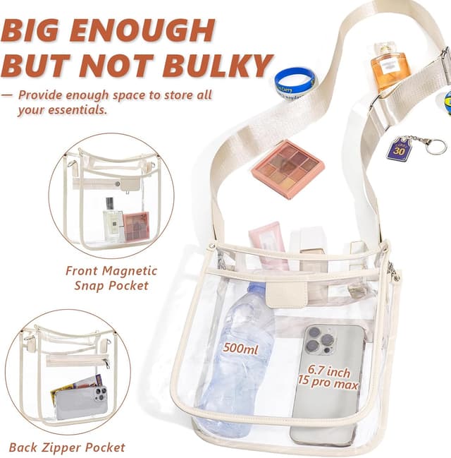 Detalle de QOECI Large 3-Pocket Clear Stadium Bag with 2 Extra-Long Adjustable Straps (Stadium Approved)