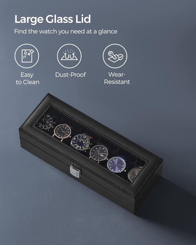Detalle de SONGMICS JWB06B01 6-Slot Watch Box with Glass Lid and Removable Pillows