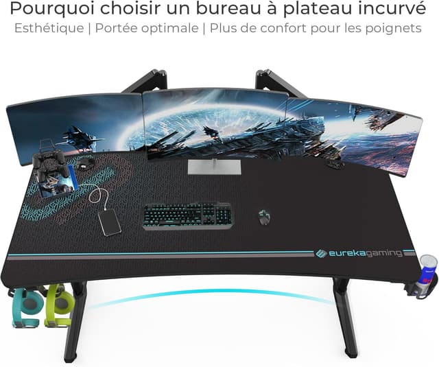 Detalle de EUREKA ERGONOMIC Bureau Gaming 152 x 70 cm avec tapis de souris, porte-gobelet, crochet casque et support manette