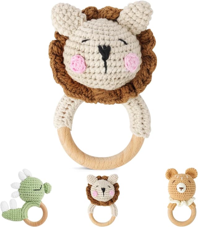 Detalle de Vicloon Hochet bébé en bois d’animal au crochet avec anneau en bois (Lion)
