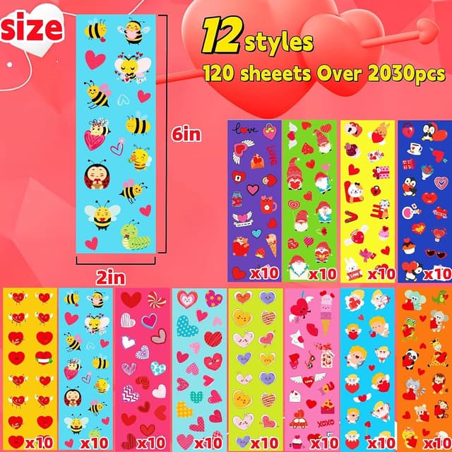 Detalle de 2030Pcs Valentine’s Day Stickers for Kids (12 Styles) — 120 Sheet Cute Heart Love Stickers for Classroom Pack