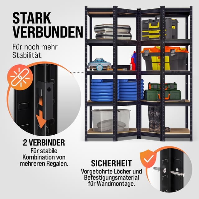 Detalle de Monzana 3er Set Schwerlastregal Eckregal (2625 kg) mit MDF-Platten, schwarz – modular & steckbar