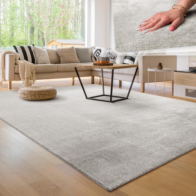 Detalle de Teppich mit Kurzflor von Paco Home (160 x 220 cm), Silber – waschbar, rutschfest, pflegeleicht