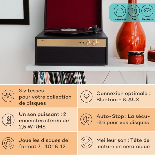 Detalle de Auna tourne-disque vinyle avec haut-parleurs et Bluetooth rétro vintage (stéréo)
