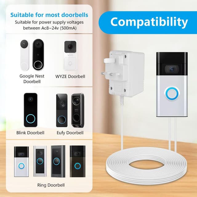 Detalle 2 de AMFUN 24V 500mA Doorbell Transformer (AC power adapter) for Ring doorbells & thermostats, 8m cable