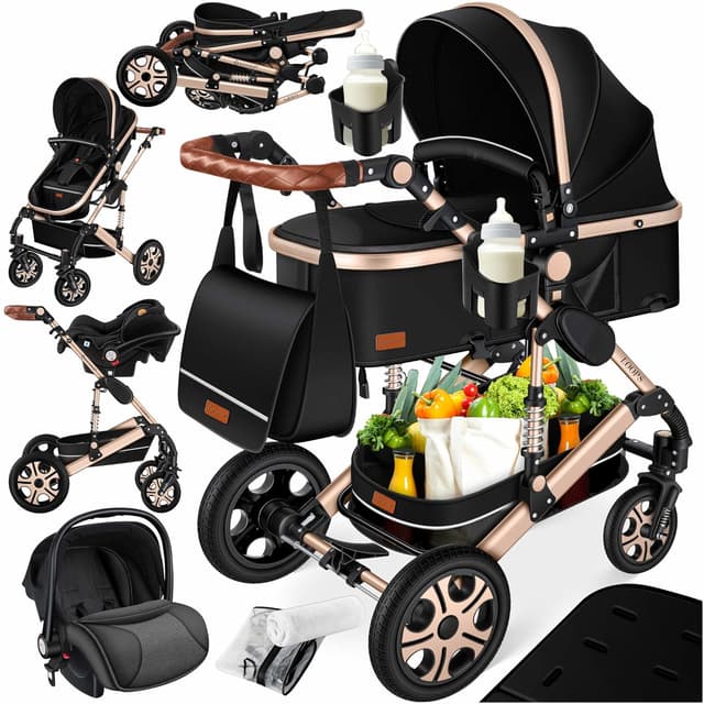Detalle de KESSER® Loops 4-in-1 Kombikinderwagen Komplett-Set (inkl. Babywanne, Sportsitz, Babyschale, Wickeltasche, Regenschutz) – Schwarz/Champagne