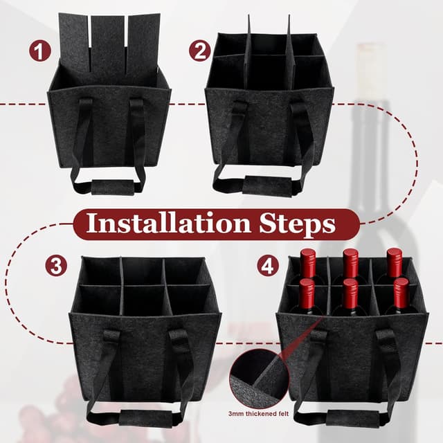 Detalle de Flaschentasche für 6 Flaschen (2 Stück) aus Filz mit Griff – faltbar und mit wechselbarer Trennwand