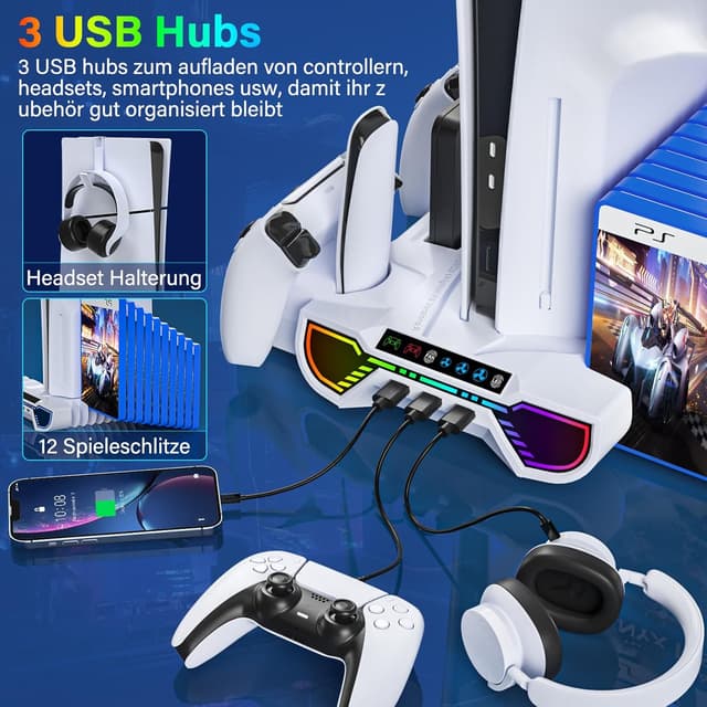 Detalle de ZRZLMVP PS5 Standfuß mit Controller-Ladestation, Lüfter & 3-fach USB-Hub (RGB) für PS5 / PS5 Slim / PS5 Pro – Weiß
