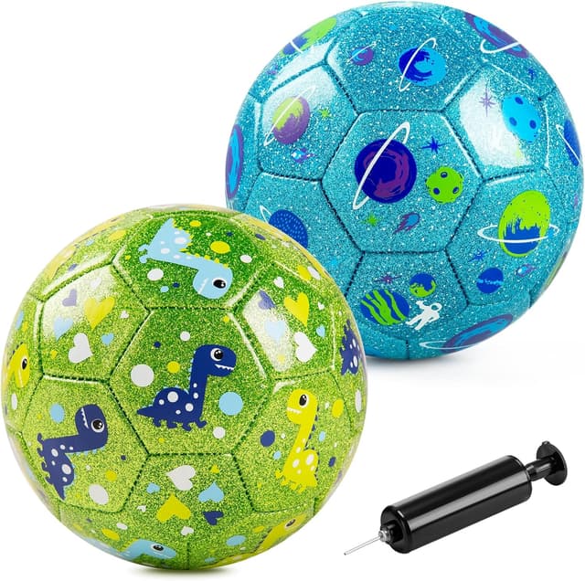 Detalle de ZOOJOY Size 2 Kids Soccer Ball 2-Pack (Glitter Dinosaur & Planet) with Pump and Mesh Bag