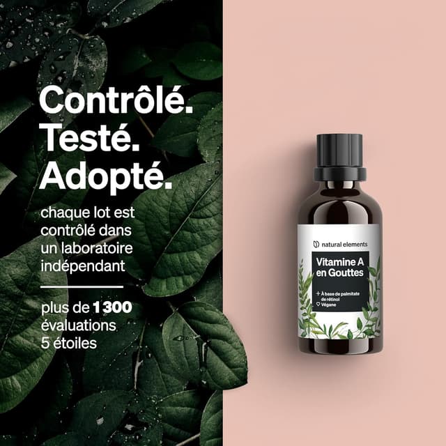 Detalle de Vitamine A en gouttes 50 ml (1700 gouttes) au palmitate de rétinol – dissoute dans l’huile de coco MCT, végane
