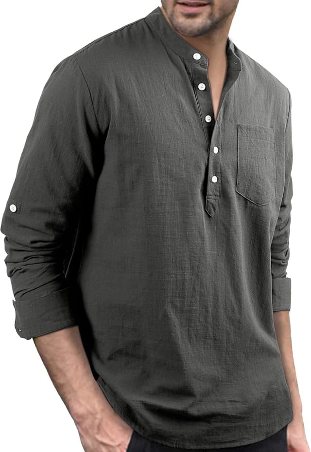 Detalle 2 de Enlision Herren Baumwolle-Leinenhemd als Henley Sommerhemd mit Langarm (Regular Fit)