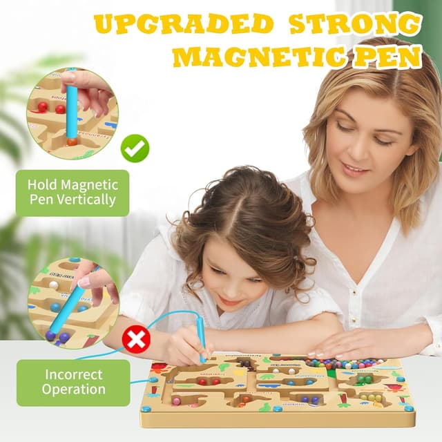 Detalle de Giochi Montessori dinosauro labirinto magnetico in legno con numeri 1–10 e 55 perline colorate