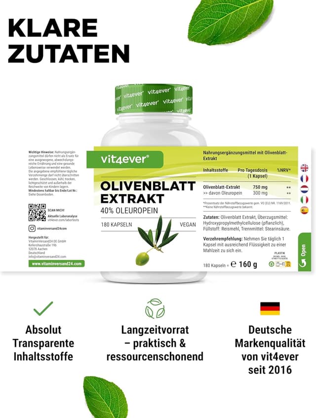 Thumbnail 4 de vit4ever Olivenblatt Extrakt 750 mg Kapseln 180
