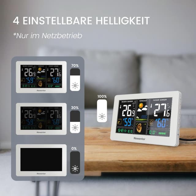 Detalle 1 de Newentor Funk-Wetterstation mit Außensensor, DCF-Funkuhr und Wettervorhersage – inklusive Netzbetrieb