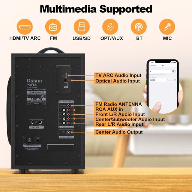 Detalle 2 de Bobtot Wireless Surround Sound System Home Theatre (5.1/2.1) with 8" Subwoofer, ARC/Optical, Bluetooth & Karaoke Inputs