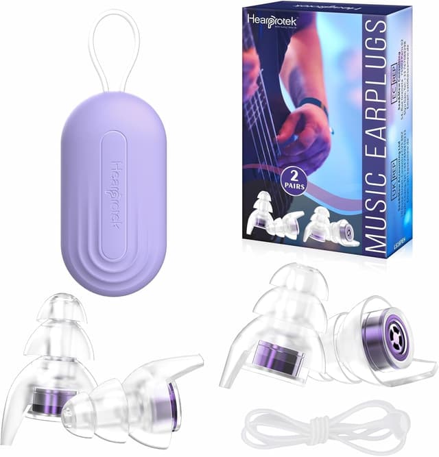 Detalle de Hearprotek Music – 2 Paar Gehörschutz-Ohrstöpsel aus Silikon mit Kordel (violett) für Musiker, Festival & Arbeit