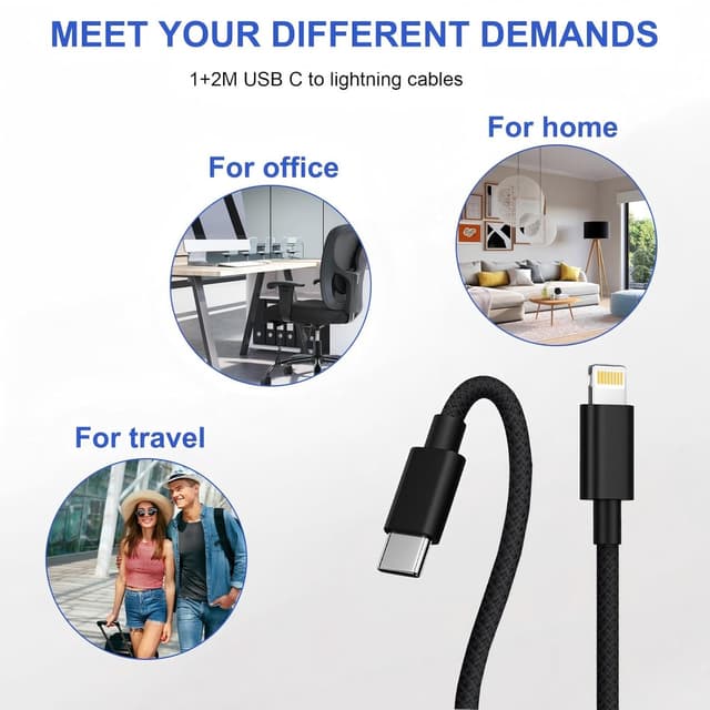 Thumbnail 6 de Câble iPhone USB‑C vers Lightning MFi (lot 2) — 1 m + 2 m, nylon tressé