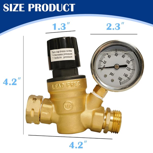 Detalle 2 de Hourleey RV Water Pressure Regulator (Adjustable Handwheel, Brass) with Gauge & Inlet Screen Filter