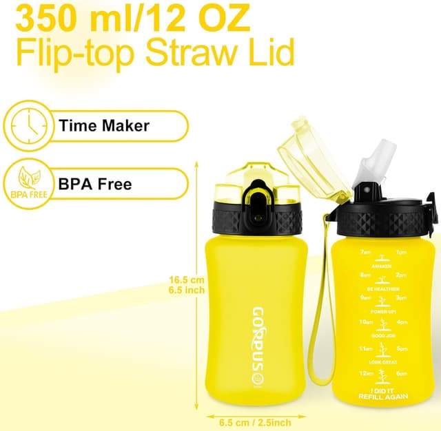 Detalle de GOPPUS 350ml Kids Water Bottle With Straw & Flip Top Lid (Tritan), Leakproof BPA-free, Yellow