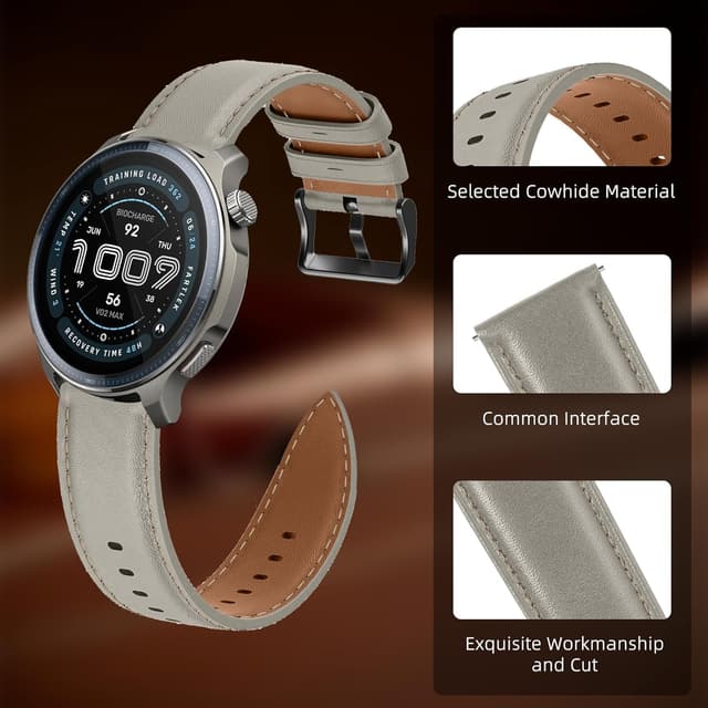 Detalle de LanQii Lederarmband (22 mm) für Amazfit Active Max, T-Rex 3 Pro & mehr – Hellgrau