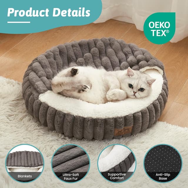 Detalle de COZY KISS Cat Bed with Blanket (Small) 58x58x15cm in Grey